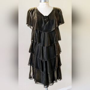 Black & Gold Metallic Tiered Party Dress | Vintage Flapper Style Dress Size 12
